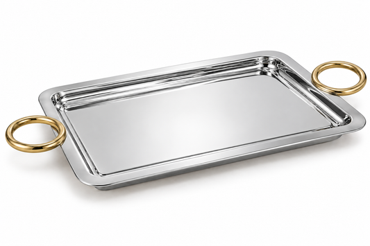 Sleek Silver Serving Tray - Gold Handles