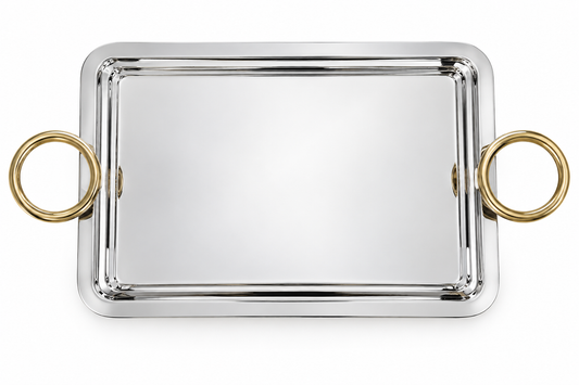Sleek Silver Serving Tray - Gold Handles