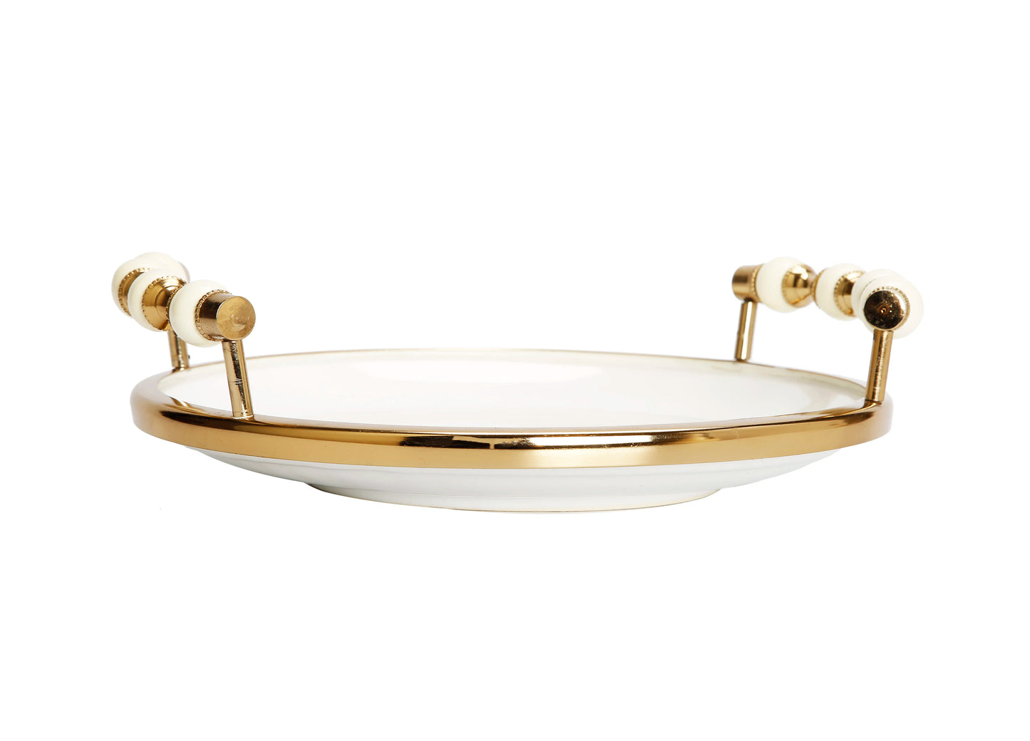 (Dairy) White Beaded Round Tray with Gold Handles 11"