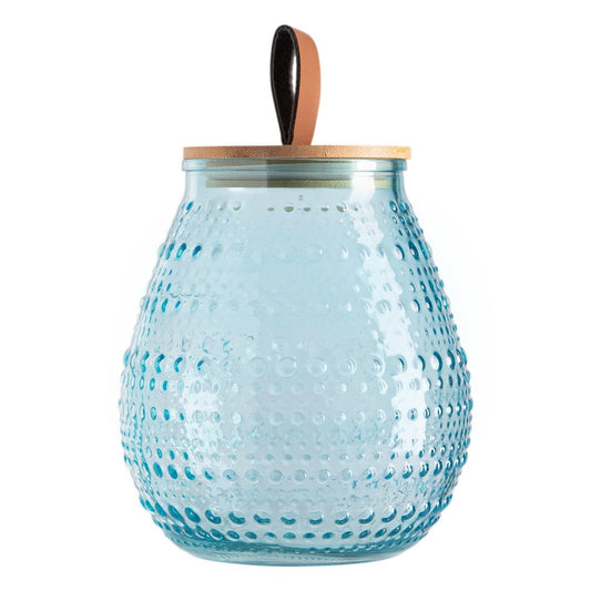 Pear Shaped Blue Beaded Canister With Wood Cover