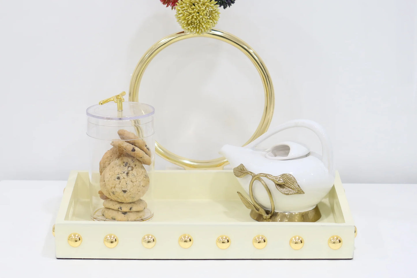 Cream Square Serving Tray with Gold Balls