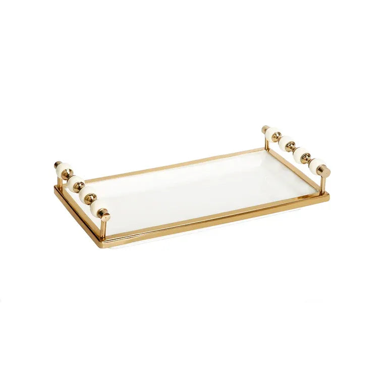 (Dairy) White Beaded Rectangle Tray with Gold Handles 11"