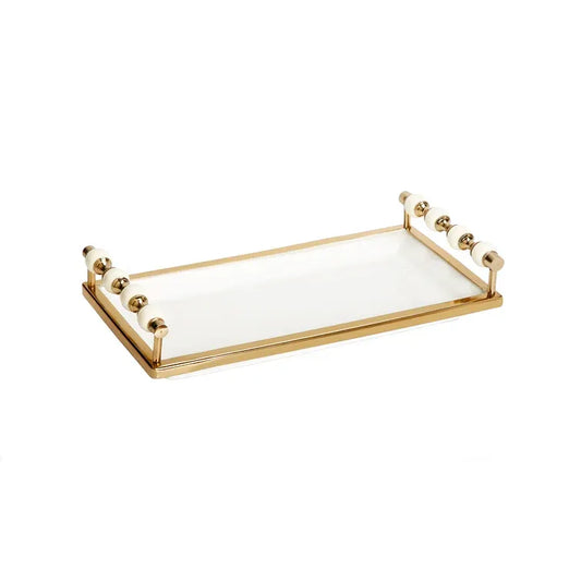 (Dairy) White Beaded Rectangle Tray - Gold Handles 11"