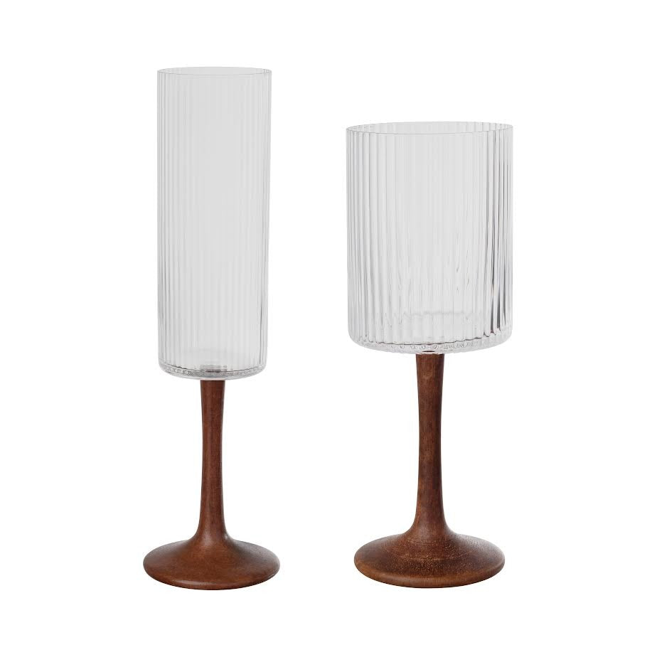 Crinkled Clear With Wood Stem Glassware