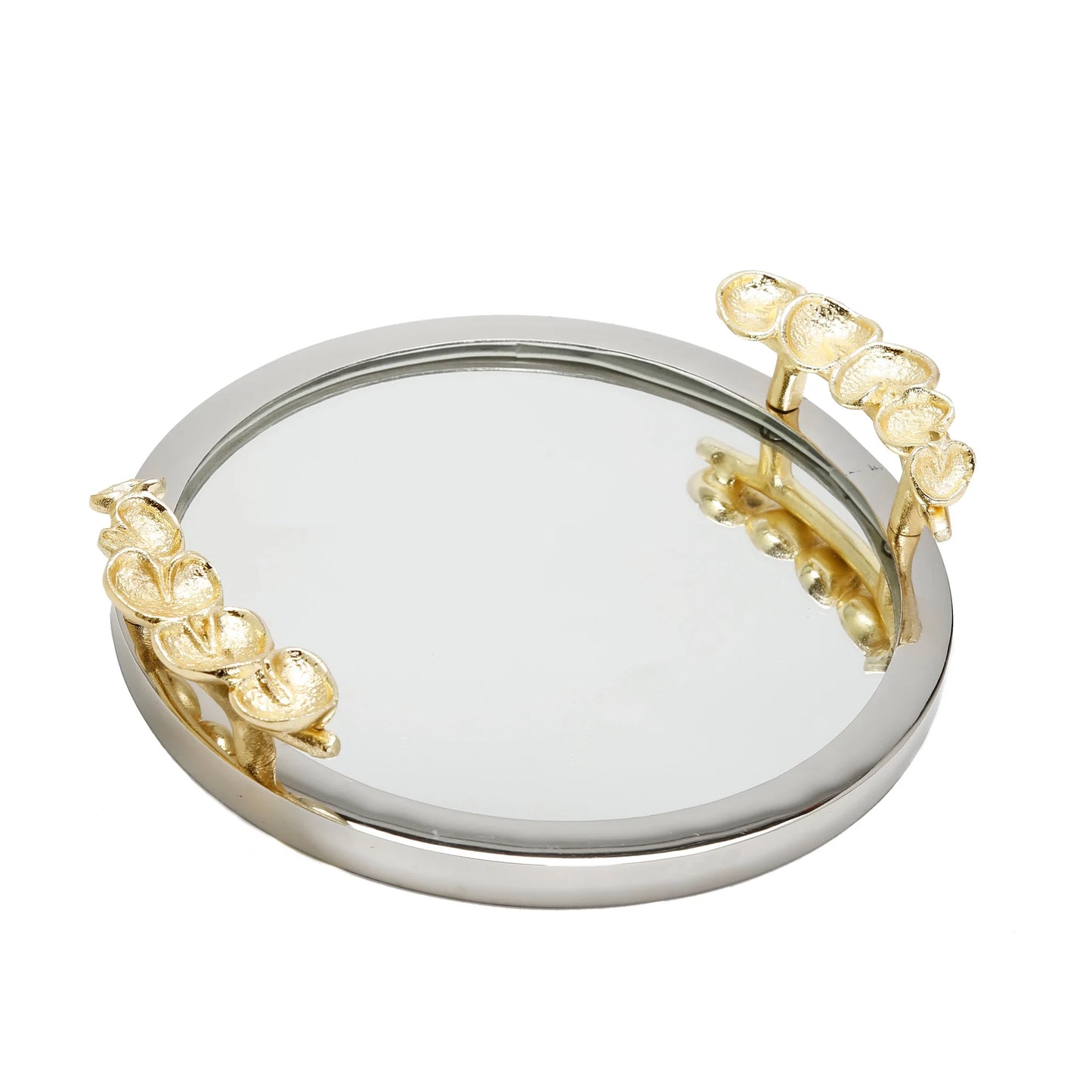 Round Mirror Tray Gold Leaf Handle 16"