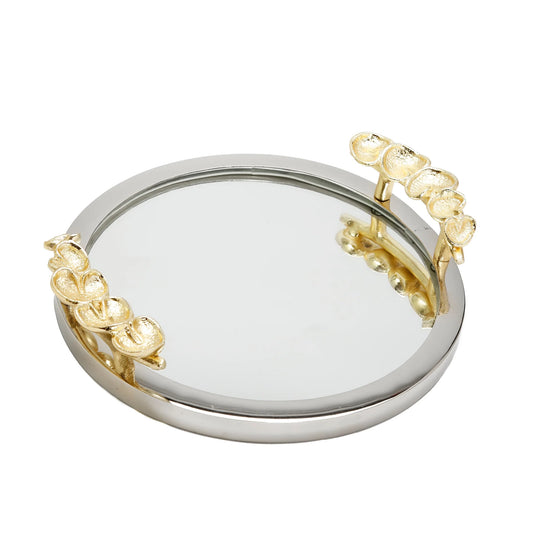 Round Mirror Tray Gold Leaf Handle 16"