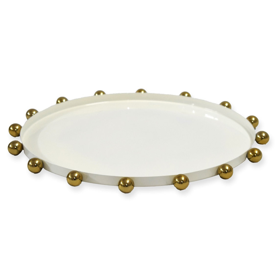 Cream 15" Round Serving Tray With Gold Balls