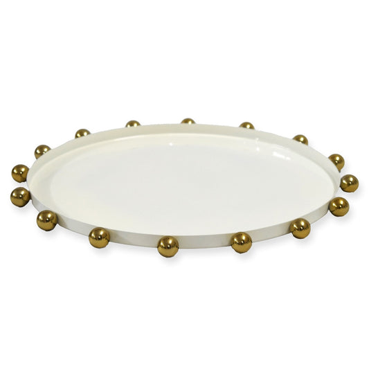 Cream 15" Round Serving Tray With Gold Balls