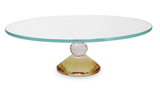 Glass Cake Plate with Amber and Pink Base 12"